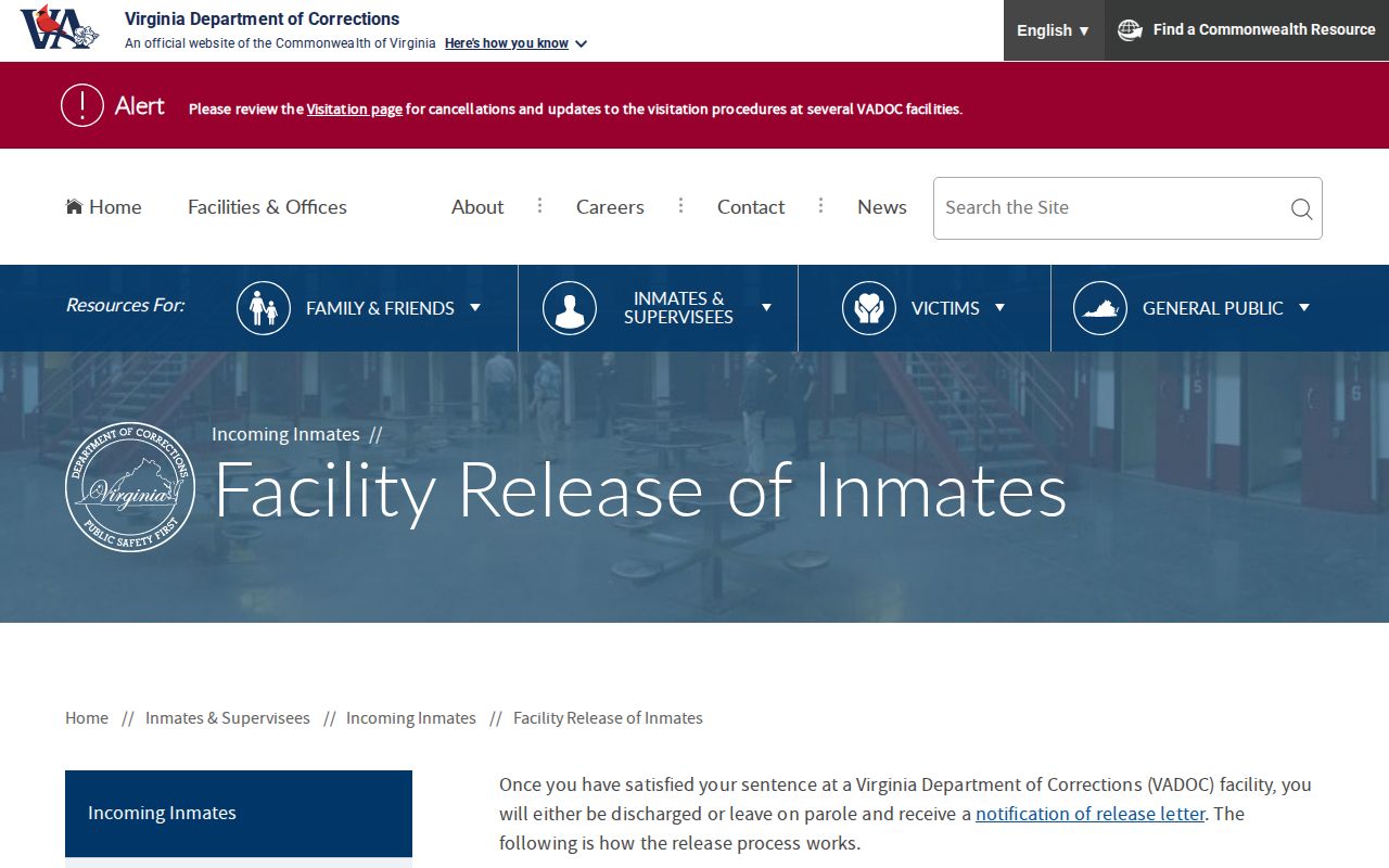 Essex County VADOC inmate release date documents and procedures